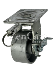 (image for) Caster; Swivel; 4 x 2; Cast Iron; Plate; 4x4-1/2; holes: 2-5/8x3-5/8 (slotted to 3x3); 3/8 bolt; Zinc; Roller Brng; 700#; Pos Lock; Wheel brake (Item #67553)