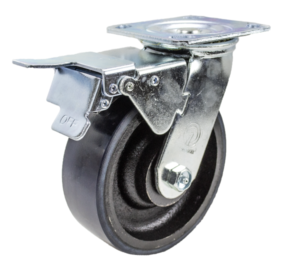 (image for) Caster; Swivel; 5\" x 2\"; PolyU on Cast; Plate (4\"x4-1/2\"; holes: 2-5/8\"x3-5/8\" slots to 3\"x3\"; 3/8\" bolt); Zinc; Roller Brng; 1000#; Trailing Total Lock Brake (Item #63934)