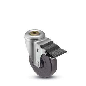 (image for) Caster; Swivel; 3" x 1-1/4"; Rubber (Hard; Non-marking); Hollow Kingpin (1/2" bolt hole); Zinc; Plain bore; 210#; Pedal Style Wheel Brake (Item #65388)