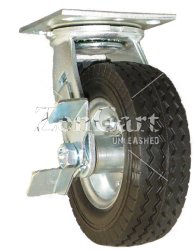 (image for) Caster; Swivel; 10" x 3"; Flat Free; Plate (4"x4-1/2"; holes: 2-5/8"x3-5/8" slots to 3x3; 3/8 bolt); Prec BB; 280#; Sawtooth tread; Bolt-together Hub; Brake (Item #64208)