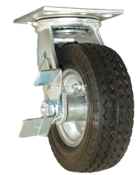 (image for) Caster; Swivel; 10" x 3"; Flat Free; Plate (4"x4-1/2"; holes: 2-5/8"x3-5/8" slots to 3x3; 3/8 bolt); Prec BB; 280#; Sawtooth tread; Bolt-together Hub; Brake (Item #64208)