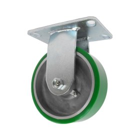 Caster; Rigid; 6" x 2"; PolyU on Alum; Plate (4-1/2"x6-1/4"; holes: 2-7/16"x4-15/16" slots to 3-3/8"x5-1/4"; 1/2" bolt); Zinc; Roller Brng; 1200#; Warranty (Item #63363)