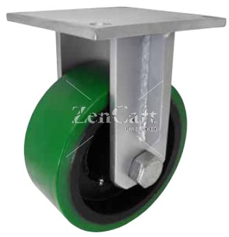 (image for) Caster; Rigid; 5 x 2-1/2; PolyU on Cast Iron (Gr/Bk); Plate; 4-1/2x6-1/4; holes: 2-7/16x4-15/16 (slotted to 3-3/8x5-1/4); 1/2 bolt; Roller Brg; 1300# (Item #67548)