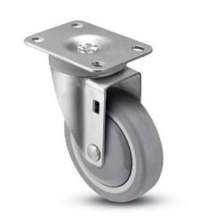 Caster; Swivel; 4" x 1-1/4"; PolyU on PolyO (Gray); Plate (2-5/8"x3-3/4"; holes: 1-3/4"x2-3/4" slotted to 3"; 5/16" bolt); Prec Ball Brng; 300#; Dustcvr; TG (Item #65262)