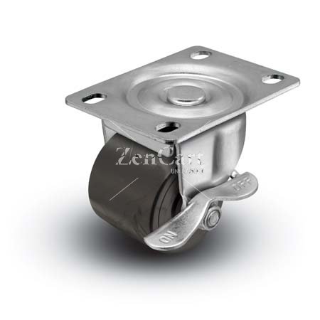 (image for) Caster; Swivel; 2"x1-13/16"; Polyolefin; Plate (2-5/8"x3-3/4"; holes: 1-3/4"x2-3/4" slots to 3"; 5/16" bolt); Zinc; Plain bore; 300#; Side friction brake (Item #67142)
