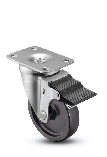 Caster; Swivel; 4\" x 1-1/4\"; Polyolefin; Top Plate (2-5/8\"x3-3/4\"; holes: 1-3/4\"x2-3/4\" slotted to 3; 5/16\" bolt); Zinc; Plain bore; 275#; Pedal brake (Item #65136)