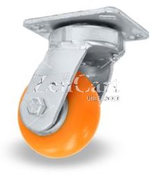 (image for) Caster; Swivel; 8" x 2"; Ergonomic PolyU on Alum; Plate (4"x4-1/2"; holes: 2-5/8"x3-5/8" slots to 3"x3"; 3/8" bolt); Zinc; Prec Ball Brngs; 1500#; Kingpinless (Item #63552)
