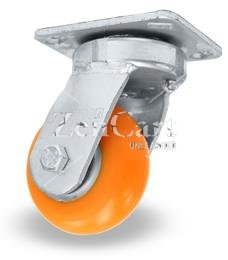 (image for) Caster; Swivel; 6" x 2"; HD PolyU on Alum; Plate (4"x4-1/2"; holes: 2-5/8"x3-5/8" slotted to 3"x3"; 3/8" bolt); Zinc; Sealed Prec BB; 1200#; Kingpinless (Item #65542)