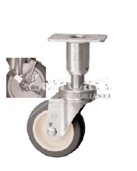 (image for) Leveling Caster; Swivel; 5"x1-1/4"; PolyU on PolyO; Plate (2-3/8"x3-5/8"; holes: 1-3/4x2-7/8 slots to 3; 5/16 bolt); 250#; Load height: 8.19" - 8.94"; Tread Brk (Item #66947)