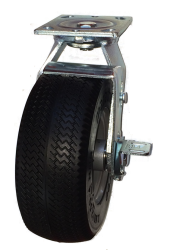 Caster; Swivel; 8" x 3"; Flat Free; Plate (4"x4-1/2"; holes: 2-5/8"x3-5/8" slots to 3"x3"; 3/8 bolt); Prec BB; 300#; Premium Steel Hub; Brake (Just two left!) (Item #64681)