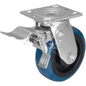 (image for) Caster; Swivel; 5"x2"; PolyU on PolyO; Plate; 4"x4-1/2"; holes: 2-5/8"x3-5/8" (slotted to 3x3); 3/8 bolt; Roller Brng; 750#; Total Lock Brake (Leading) (Item #64271)