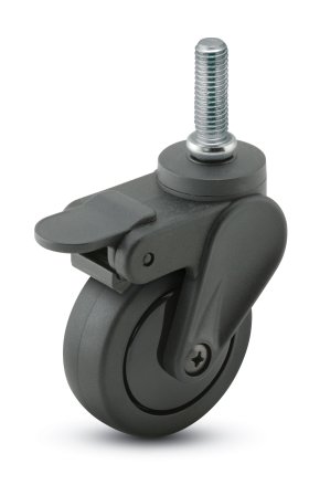 Caster; Swivel; 4" x 15/16"; PolyU on PolyO (Black); Threaded Stem (5/16"-18TPI x 1"); Black GFN; Delrin Bushing; 125#; Pedal Brake (Item #65654)