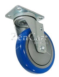 (image for) Caster; Swivel; 5"x1-1/4"; PolyU on PolyO (Blue); Plate (2-1/2x3-5/8; holes: 1-3/4x2-7/8 slotted to 3; 5/16 bolt); Zinc; Ball Brng; 300#; TG (Item #67416)