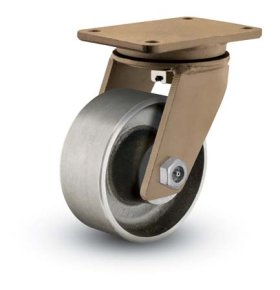 (image for) Caster; Swivel; 6" x 2-1/2"; Steel; Plate (4-1/2"x6-1/2": holes: 3-3/8"x5-1/4"; 1/2" bolt); Gold Finish; Tapered Rlr Brng; 3000# (Item #65691)