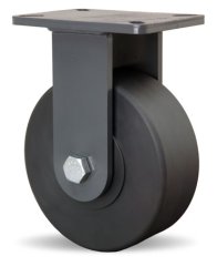 Caster; Rigid; 8" x 2"; Nylon; Plate (4"x4-1/2"; holes: 2-5/8"x3-5/8" slotted to 3"x3"; 3/8" bolt); Stainless Yoke and Roller Brng; 1100# (Item #65339)