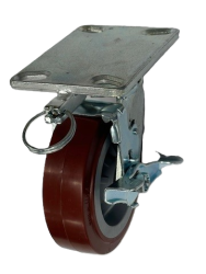 Caster; Swivel; 8" x 2"; PolyU on PolyO; Plate (4"x4-1/2"; holes: 2-5/8"x3-5/8" slots to 3"x3"; 3/8" bolt); Roller Brng; 1250#; Tread brake; Position Lock (Item #66582)