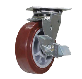 (image for) Caster; Swivel; 5" x 2"; Red PolyU on PolyO; Plate (4"x4-1/2"; holes: 2-5/8"x3-5/8" slotted to 3"x3"; 3/8" bolt); Stainless; Delrin Bushing; 750#; Brake (Item #66251)