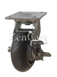 (image for) Caster; Swivel; 5" x 2"; ThermoPlastic Rbr Donut; Plate (4"x4-1/2"; holes: 2-5/8"x3-5/8" slots to 3"x3"; 3/8" bolt); Stainless Yoke and Roller Brng; 350#; Brake (Item #63491)