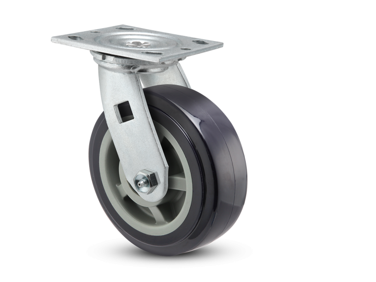 (image for) Caster; Swivel; 5\" x 2\"; Blue Thermo-Urethane; Plate (4\"x4-1/2\"; holes: 2-5/8\"x3-5/8\" slots to 3\"x3\"; 3/8\" bolt); Zinc; Dual Sealed Prec Ball Brng; 800# (Item #63763)
