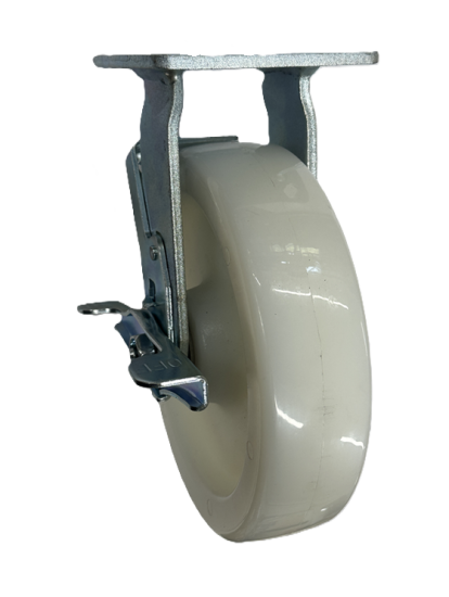 (image for) Caster; Rigid; 8\" x 2\"; Nylon; Plate (4\"x4-1/2\"; holes: 2-5/8\"x3-5/8\" slots to 3\"x3\"; 3/8\" bolt); Zinc; Roller Brngs; 1250#; Wheel Brake (Item #63036)