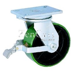 (image for) Caster; Swivel; 12x4; PolyU on Cast (Gr/Bk); Plate (6-1/4x7-1/2: holes: 4-1/8x6 slotted to 4-1/2x6-1/8; 1/2 bolt); RB; 5800#; Kingpinless; Face Brake (Item #66931)