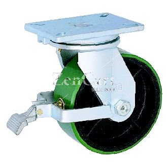 (image for) Caster; Swivel; 8 x 3; PolyU on Cast (Gr/Bk); Plate; 5-1/4x7-1/4; holes: 3-3/8x5-1/4 (slotted to 4-1/8x6-1/8); 1/2 bolt; Roller Brg; 2500#; Face brake (Item #68487)
