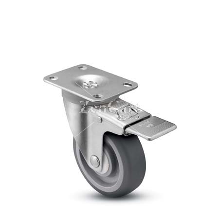 (image for) Caster; Swivel; 4" x 1-1/4"; TPR Rubber (Gray); Plate (2-5/8"x3-3/4"; holes: 1-3/4"x2-3/4" slots to 3"; 5/16" bolt); Zinc; Precision BB; Total Lock; Brg Cvrs (Item #64693)