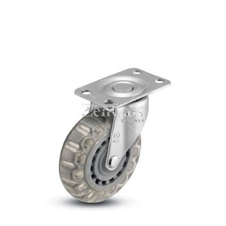 (image for) Caster; Swivel; 3" x 13/16"; Polyurethane (Clear); Plate (1-3/16" x 2"; holes: 13/16" x 1-9/16"; 3/16" bolt); Zinc; Plain bore; 120# (Item #63511)