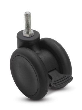 (image for) Caster; Twin Wheel; Swivel; 65mm; Thermoplastized Rubber (Black); Threaded Stem (3/8"-16TPI x 3/4"); Black; Riveted Axle; 110#; Wheel Brake (Item #63464)