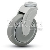 (image for) Caster; Swivel; 3"x1-1/4"; Thermoplastized Rubber (Gray); Hollow Kingpin (3/8" bolt); Nylon; Precision Ball Brng; 200#; Thread guards (Unassembled) (Item #67207)