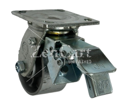 (image for) Caster; Swivel; 4" x 2"; Cast Iron; Plate (4"x4-1/2"; holes: 2-5/8"x3-5/8" slots to 3"x3"; 3/8" bolt); Zinc; Roller Brng; 700#; Total Lock (Leading) (Item #66031)