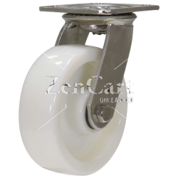 (image for) Caster; Swivel; 8" x 2"; Nylon; Plate (4"x4-1/2"; holes: 2-5/8"x3-5/8" slotted to 3"x3"; 3/8" bolt); Stainless Yoke and Roller Brng; 1100#; Raceway Seal (Item #65340)