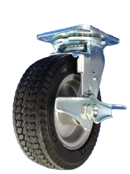 Caster; Swivel; 10" x 3"; Flat Free Tire (Black); Plate (4-1/2"x6-1/4"; holes: 2-7/16"x4-15/16" slotted to 3-3/8"x5-1/4"; 3/8" bolt); Zinc; Prec BB; 280#; Brake (Item #62909)