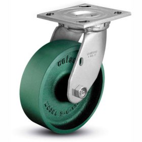 (image for) Caster; Swivel; 6" x 2"; Cast Iron; Plate (4"x4-1/2"; holes: 2-5/8"x3-5/8" slots to 3"x3"; 3/8" bolt); Zinc; Roller Brng; 1200#; Warranty; Made in USA (Item #63461)