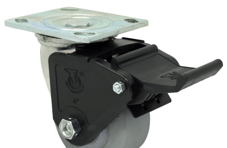 (image for) Caster; Swivel; 6\" x 2\"; Phenolic; Plate (4\"x4-1/2\"; holes: 2-5/8\"x3-5/8\" slots to 3\"x3\"; 3/8\" bolt); Zinc; Roller Brng; 1200#; Pedal Wheel brake (Item #63980)