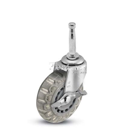 (image for) Caster; Swivel; 3"x13/16"; Polyurethane (Clear); Grip Neck (5/16"x1-1/2"); Zinc; Plain bore; 120#; Side friction brake (Item #67455)