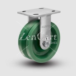 (image for) Caster; Rigid; 4" x 2"; V Groove (7/8") Polyurethane; Plate (4"x4-1/2"; holes: 2-5/8"x3-5/8" slots to 3"x3"; 3/8 bolt); Roller Brng; 350#; USA-Made; Warranty (Item #66759)