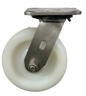 Caster; Swivel; 6" x 2"; Nylon; Plate (4"x4-1/2"; holes: 2-5/8"x3-5/8" slots to 3"x3"; 3/8" bolt); Stainless Yoke and Roller Brng; 1100# (Item #62905)