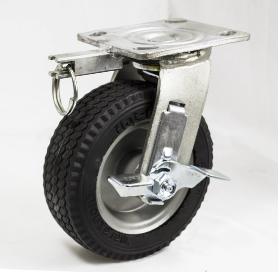 (image for) Caster; Swivel; 6\" x 2\"; Flat Free (Black); Plate (4\"x4-1/2\"; holes); Prec BB; 250#; Sawtooth Tread; Premium Welded Hub; Tread Brake; Position Lock (Item #64406)