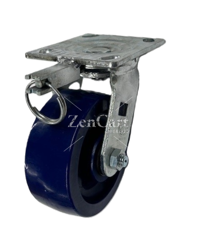(image for) Caster; Swivel; 6" x 2"; Solid Polyurethane; Plate (4"x4-1/2"; holes: 2-5/8"x3-5/8" slots to 3"x3"; 3/8" bolt); Zinc; Roller Brng; 1000#; Swivel Position Lock (Item #64005)