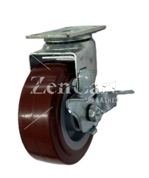 (image for) Caster; Swivel; 5" x 2"; PolyU on PolyO (Blue); Plate (2-1/2"x3-5/8"; holes: 1-3/4"x2-7/8" slotted to 3"; 5/16" bolt); Zinc; Roller Brng; 375#; Tread brake (Item #65267)