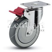 (image for) Caster; Swivel; 4" x 1-1/4"; TPR Rubber (Gray); Plate (2-5/8"x3-3/4"; holes: 1-3/4"x2-7/8" slotted to 3"); Chrome; Prec BB; 240#; Total Lock; Thread Guards (Item #66296)