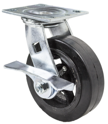 Caster; Swivel; 5" x 2"; Rubber on Cast ; Plate (4-1/2"x6-1/4"; holes: 2-7/16"x4-15/16" slotted to 3-3/8"x5-1/4"; 1/2" bolt); Zinc; Roller Brng; 400#; Cam Brake (Item #66049)
