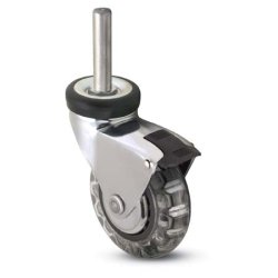 Caster; Swivel; 3" x 15/16"; Polyurethane (Clear); Threaded Stem (3/8"-16TPI x 1-1/2"); Chrome; Precision Ball Brng; 120#; Hood; Thread guards; Pedal Brake (Item #63789)