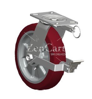 (image for) Caster; Swivel; 10" x 2-1/2"; Red PolyU/ PolyO; Plate (4-1/2"x6-1/4"; holes: 2-7/16"x4-15/16" slotted to 3-3/8"x5-1/4"); Roller Brg; 1800#; Face Brake; Pos Lock (Item #65372)