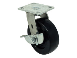 Caster; Swivel; 5" x 1-1/2"; Polyolefin; Plate (4"x4-1/2"; holes: 2-5/8"x3-5/8" slots to 3"x3"; 3/8" bolt); Zinc; Roller Brng; 550#; Brake (Item #64014)
