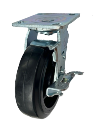 Caster; Swivel; 5" x 1-1/2"; Rubber on Cast Iron; Plate (4"x4-1/2"; holes: 2-5/8"x3-5/8" slots to 3"x3"; 3/8" bolt); Zinc; Roller Brng; 350#; Brake (Item #66919)
