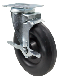 Caster; Swivel; 4" x 1-1/2"; Polyolefin; Plate (3-1/8"x4-1/8"; holes: 1-3/4"x3" slots to 2-3/8"x3-3/8"; 3/8" bolt); Zinc; Roller Brng; 400#; Brake (Item #63590)