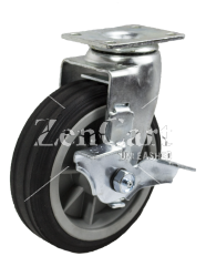 (image for) Caster; Swivel; 6" x 2"; Solid Rubber on Plastic Hub; Plate (4"x4-1/2"; holes: 2-5/8"x3-5/8" slots to 3"x3"; 3/8" bolt); Ball Brng; 350#; Ribbed Tread; Brake (Item #64278)