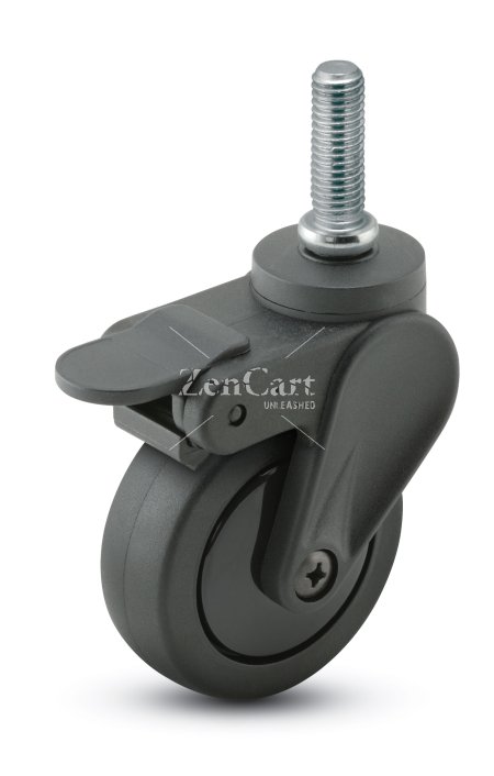(image for) Caster; Swivel; 4" x 15/16"; PolyU on PolyO (Black); Threaded Stem (5/16"-18TPI x 1"); Black GFN; Delrin Bushing; 125#; Pedal Brake (Item #65654)